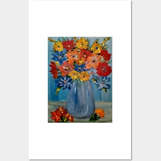 abstract vibrant colorful flowers in a glass vase with silver accent . Posters and Art